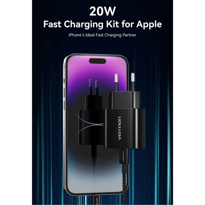 Vention Cargador de Pared 20W USB-C con Cable Lightning Negro G17B0-EU